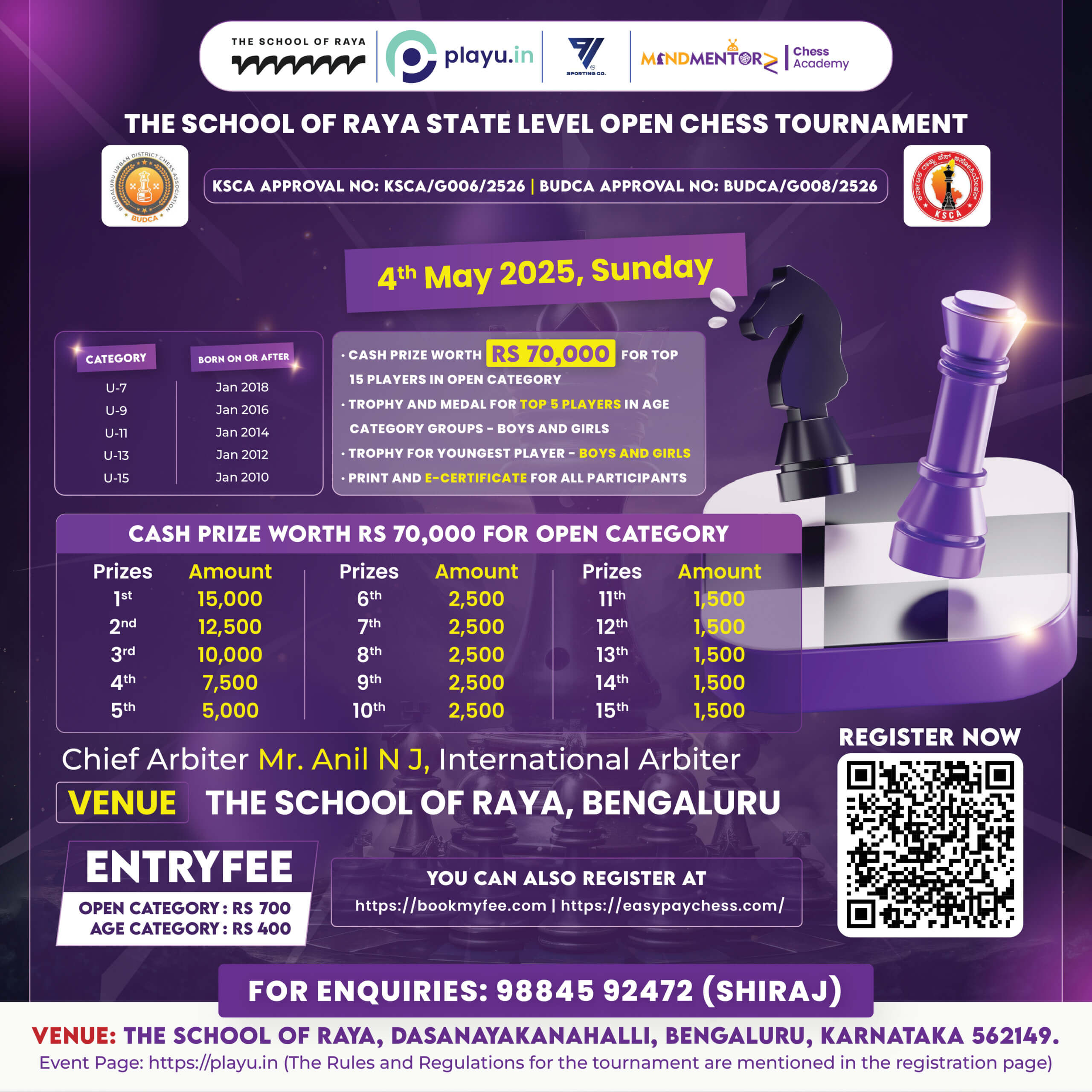 The School of Raya State Level Open Chess Tournament (4th May 2025) – Prizes Worth ₹70,000!